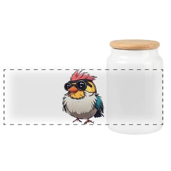 Bunte Techno-Vogel-Illustration - Panorama Keksdose mit Holzdeckel - Weiß - Vorne
