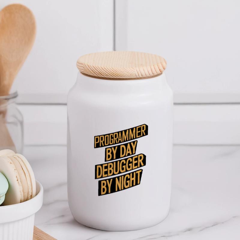 Programmer by Day, Debugger by Night Panoramic Cookie Jar with Wooden Lid