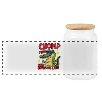 Chomp First, Ask Questions Later - Panoramic Cookie Jar with Wooden Lid - white - Front