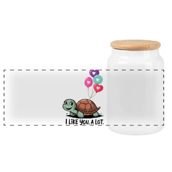 Turtle with Heart Balloons - Panoramic Cookie Jar with Wooden Lid - white - Front