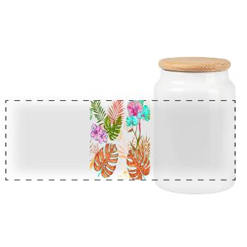Exotisches Monstera Tropenmuster mit Blumen - Panorama Keksdose mit Holzdeckel - Weiß - Vorne