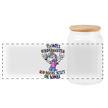 Einhorn mit Spruch und Schulmotto Kindermode - Panorama Keksdose mit Holzdeckel - Weiß - Vorne