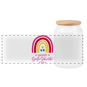 Große Schwester 2026 Regenbogen - Panorama Keksdose mit Holzdeckel - Weiß - Vorne