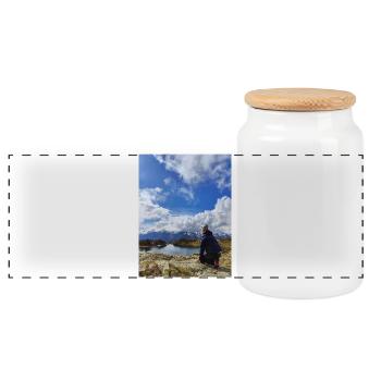 Hiker facing the alpine sky - Panoramic Cookie Jar with Wooden Lid - white - Front