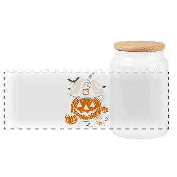 Halloween Kürbis mit Hexenhut & Spinne - Panorama Keksdose mit Holzdeckel - Weiß - Vorne