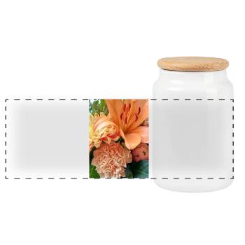 Warm orange floral pattern - Panoramic Cookie Jar with Wooden Lid - white - Front
