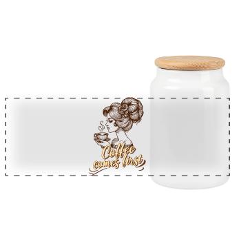 Coffee Comes First – Retro Frau Clipart - Panorama Keksdose mit Holzdeckel - Weiß - Vorne
