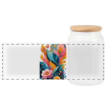 Abstract flowers in warm and blue palette - Panoramic Cookie Jar with Wooden Lid - white - Front