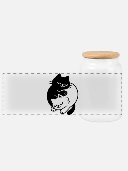 Ying-Yang Cats #2 - Panoramic Cookie Jar with Wooden Lid - white