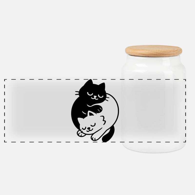 Ying-Yang Cats #2 - Panoramic Cookie Jar with Wooden Lid - white