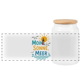 Moin, Sonne, Meer - Panorama Keksdose mit Holzdeckel - Weiß - Vorne