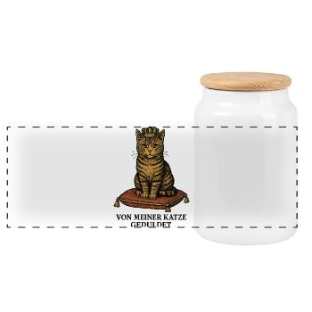 Katze geduldet – Fun Shirt - Panorama Keksdose mit Holzdeckel - Weiß - Vorne