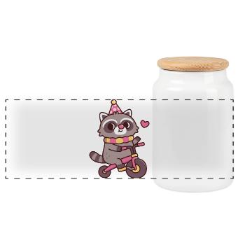 Cute Raccoon Clown Riding On Bicycle - Panoramic Cookie Jar with Wooden Lid - white - Front