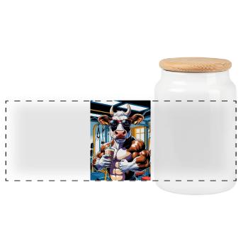 muscle cow in a gym with a protein shake - Panorama Keksdose mit Holzdeckel - Weiß - Vorne