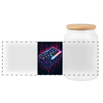 Futuristic synthesizer design - Panoramic Cookie Jar with Wooden Lid - white - Front