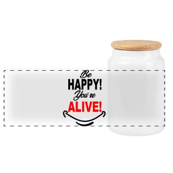 Be_Happy_You-re_Alive - Panorama Keksdose mit Holzdeckel - Weiß - Vorne