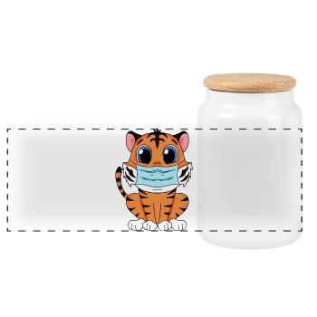 Cute Tiger with Mask - Panoramic Cookie Jar with Wooden Lid - white - Front