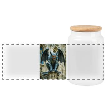 Gargoyle, winged stone demon guarding Gothic  - Panoramic Cookie Jar with Wooden Lid - white - Front