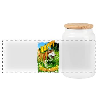 Chien heureux dans un champ de fleurs - Boîte à biscuits avec couvercle en bois - blanc - Devant
