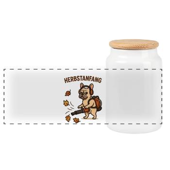 Herbstanfang Bulldogge mit Laubbläser - Panorama Keksdose mit Holzdeckel - Weiß - Vorne