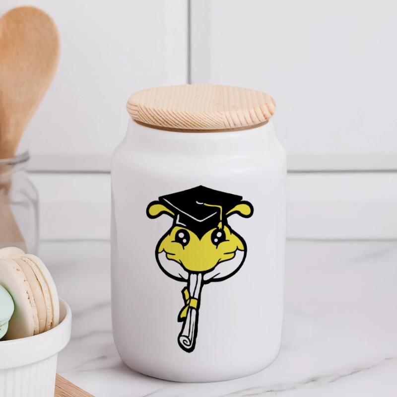 Caterpillar High School Graduation Passed College Worm Panoramic Cookie Jar with Wooden Lid