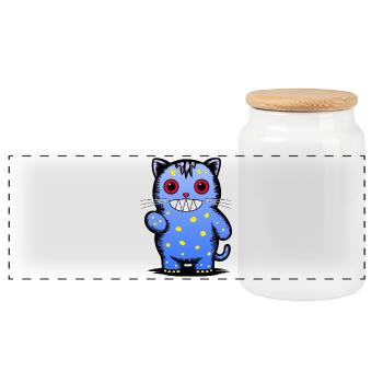 Playful blue cat character with stars - Panoramic Cookie Jar with Wooden Lid - white - Front