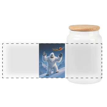 Yéti saluant le Père Noël volant au-dessus de nos têtes - Boîte à biscuits avec couvercle en bois - blanc - Devant