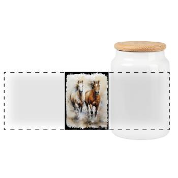 Wildpferde in Bewegung Wasserfarbe Illustration - Panorama Keksdose mit Holzdeckel - Weiß - Vorne