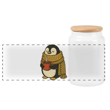 Cozy Penguin with Woolly Scarf and Hot Drink - Panoramic Cookie Jar with Wooden Lid - white - Front