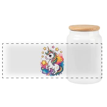 Bunter Einhorn mit Sternen und Regenbogen - Panorama Keksdose mit Holzdeckel - Weiß - Vorne