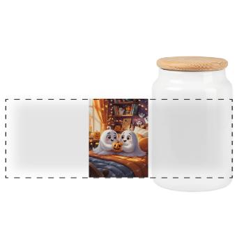 Cute Ghosts with Halloween Pumpkin - Panoramic Cookie Jar with Wooden Lid - white - Front