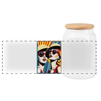 Pop Art Ladies with Sun Hat and Sunglasses - Panoramic Cookie Jar with Wooden Lid - white - Front