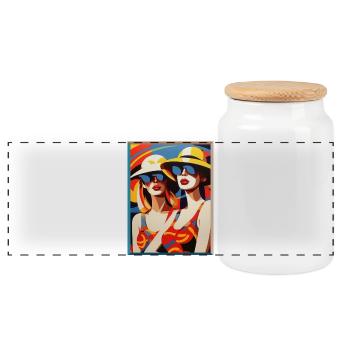 Pop Art zwei Damen mit Sommerhut Sonnenbrillen - Panorama Keksdose mit Holzdeckel - Weiß - Vorne