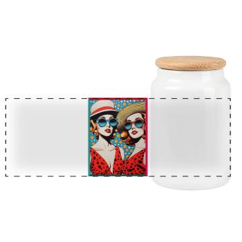 Pop Art Women with Sunglasses Sun Hats - Panoramic Cookie Jar with Wooden Lid - white - Front