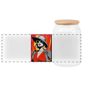  Retro Pop Art Frau mit Hut Sonnebrille schick - Panorama Keksdose mit Holzdeckel - Weiß - Vorne