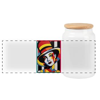 Abstract Portrait Lady with Colorful Cap Pop Art - Panoramic Cookie Jar with Wooden Lid - white - Front