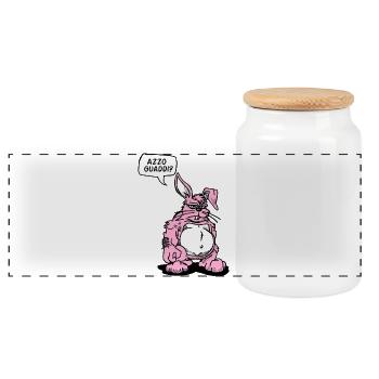 Ironic Cartoon Rabbit - Panoramic Cookie Jar with Wooden Lid - white - Front