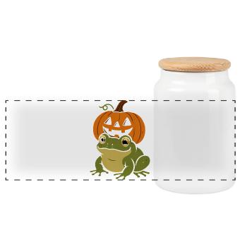 Grüner Frosch unter Halloween-Kürbis - Panorama Keksdose mit Holzdeckel - Weiß - Vorne