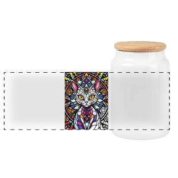 Cat in Stained Glass Mosaic - Panoramic Cookie Jar with Wooden Lid - white - Front