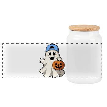 Fantôme avec citrouille pour Halloween avec casquette de baseball - Boîte à biscuits avec couvercle en bois - blanc - Devant