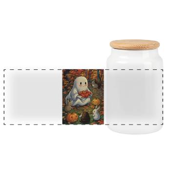 Sweet Halloween Ghost in Autumn - Panoramic Cookie Jar with Wooden Lid - white - Front