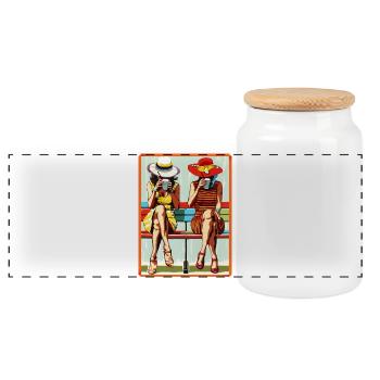 Pop Art Two Chic Girlfriends Ladies Hats Cafe - Panoramic Cookie Jar with Wooden Lid - white - Front