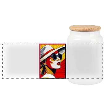 Popart Lady mit Hut Sonnenbrille Portrait Mode - Panorama Keksdose mit Holzdeckel - Weiß - Vorne
