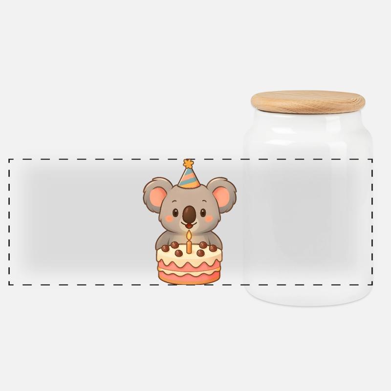 Kleiner Koala mit Geburtstagstorte - Panorama Keksdose mit Holzdeckel - Weiß