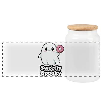 Cute Haunted Ghost with Donut - Panoramic Cookie Jar with Wooden Lid - white - Front