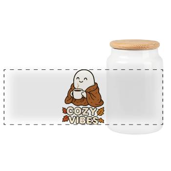 Cozy Vibes Ghost with Mug - Panorama Keksdose mit Holzdeckel - Weiß - Vorne