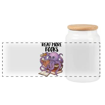 Reading Octopus in Stack of Books Book Gift - Panoramic Cookie Jar with Wooden Lid - white - Front