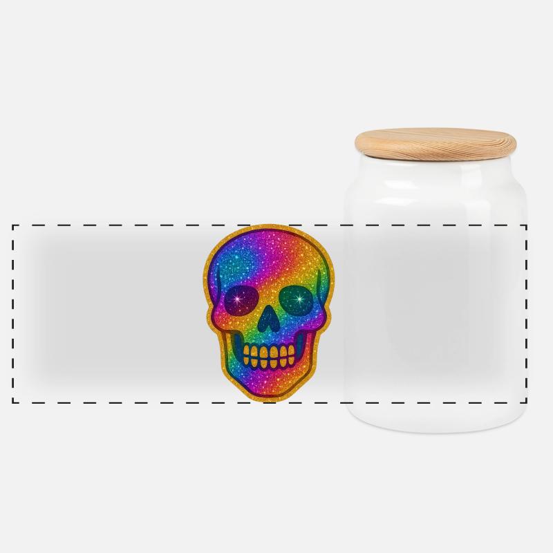 Regenbogen Skull Glitzer zu Halloween - Panorama Keksdose mit Holzdeckel - Weiß