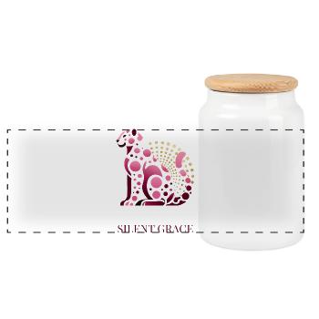 Silent Grace – Elegant Pink Cat Design with Golden - Panoramic Cookie Jar with Wooden Lid - white - Front