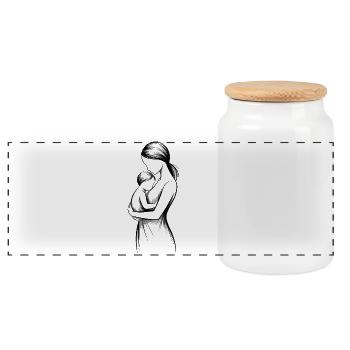 Black and White Mother-Child Silhouette - Panoramic Cookie Jar with Wooden Lid - white - Front
